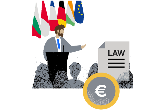 Three illustrations: a coin with the euro symbol, a document with the text 'Law', and a man speaking in front of an audience