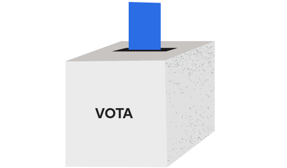 Una scheda viene inserita in un'urna elettorale con la scritta "Vota"