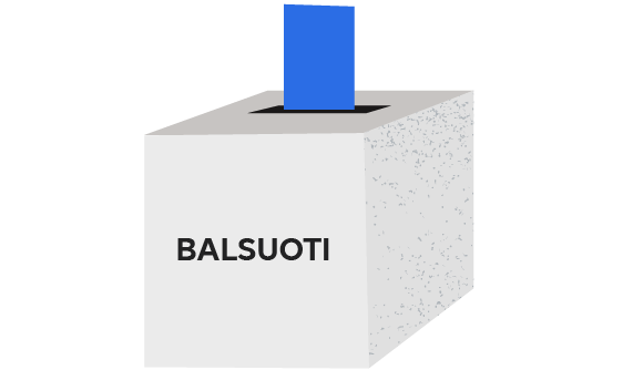 Balsavimo biuletenis įkrenta į balsadėžę su užrašu „Balsuoti“
