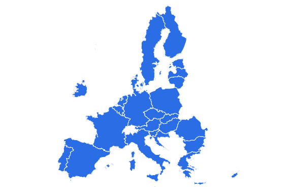 Zemljevid z vsemi 27 državami članicami Evropske unije.