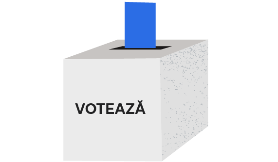 Un buletin de vot intră într-o urnă pe care scrie „Votează”
